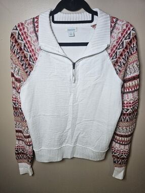 Sundance White Cotton Colorful Knit Sleeves Stretch 1/4 Zip Sweater Small
